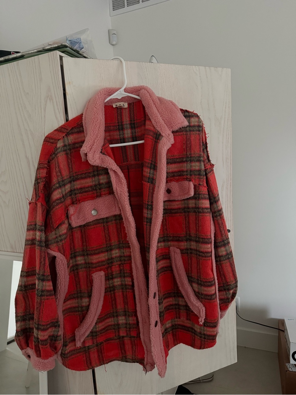 Women's Red and Pink Plaid Sherpa-Lined Jacket